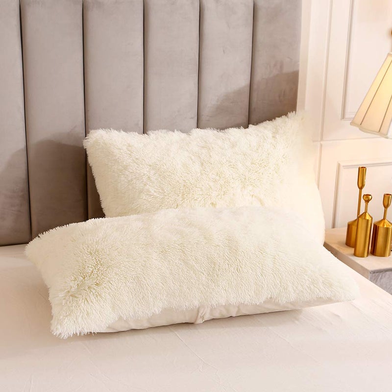 Uhamho Faux Fur Velvet Fluffy Bedding Duvet Cover Set Down Comforter Quilt Cover with Pillow Shams, Ultra Soft Warm (Queen, Cream) - Image 4